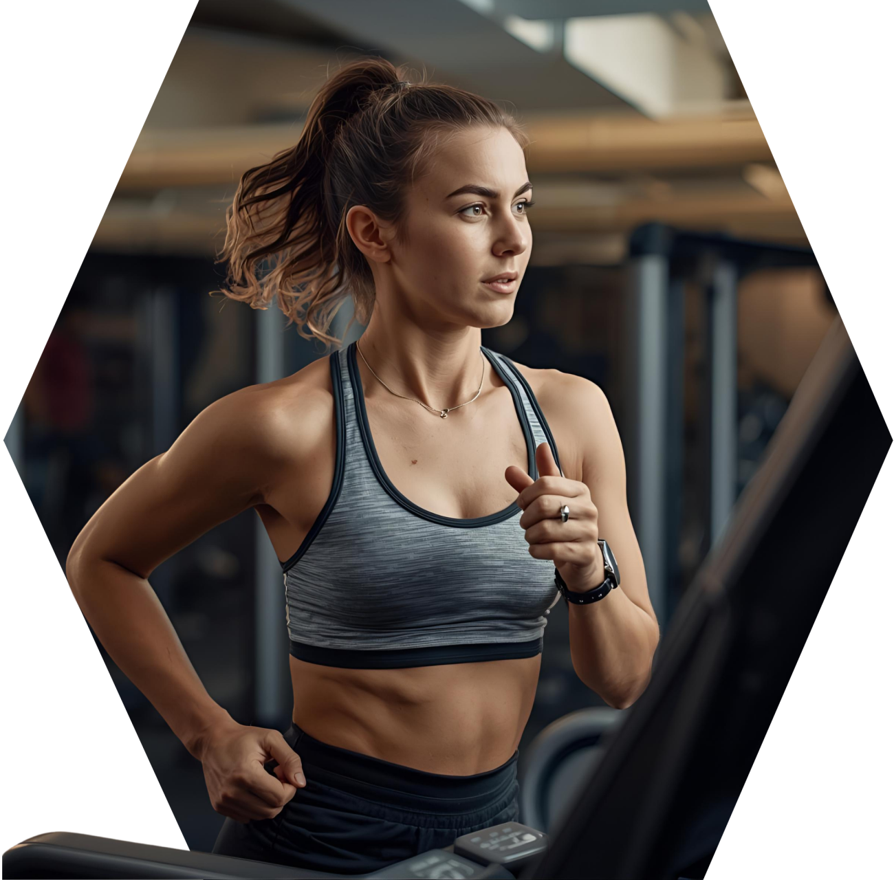 Woman jogging on a treadmill in a gym, emphasizing fitness and exercise, relevant to gym SEO services and attracting new members.